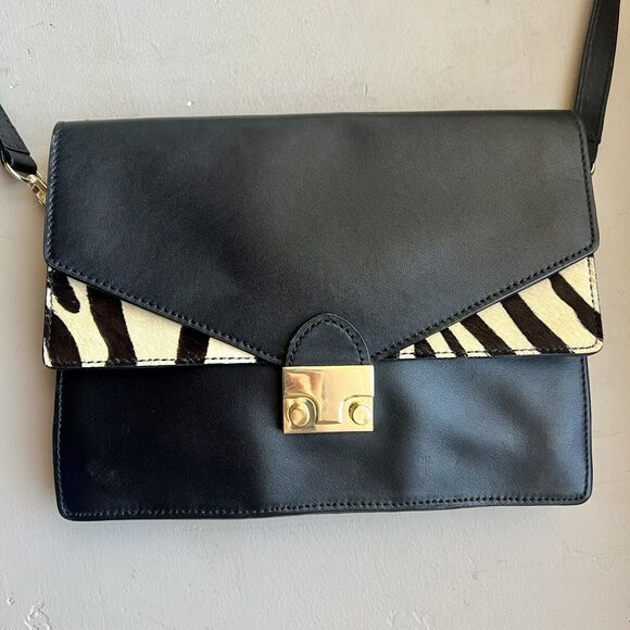 Loeffler Randall Black Leather w/ Animal Print Accent Envelope Crossbody Handbag - Picture 1 of 16